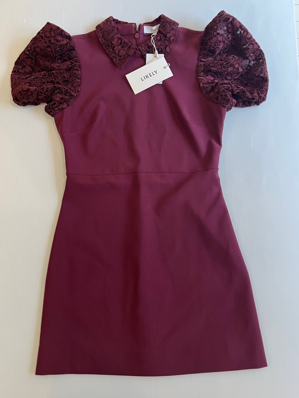 New Likely Women’s Wine Lace Puff-Sleeve Mini Dress in Size Small